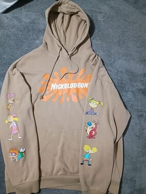 Nickelodeon Tan Hoodie with Orange Logo & Cartoon Sleeve Art